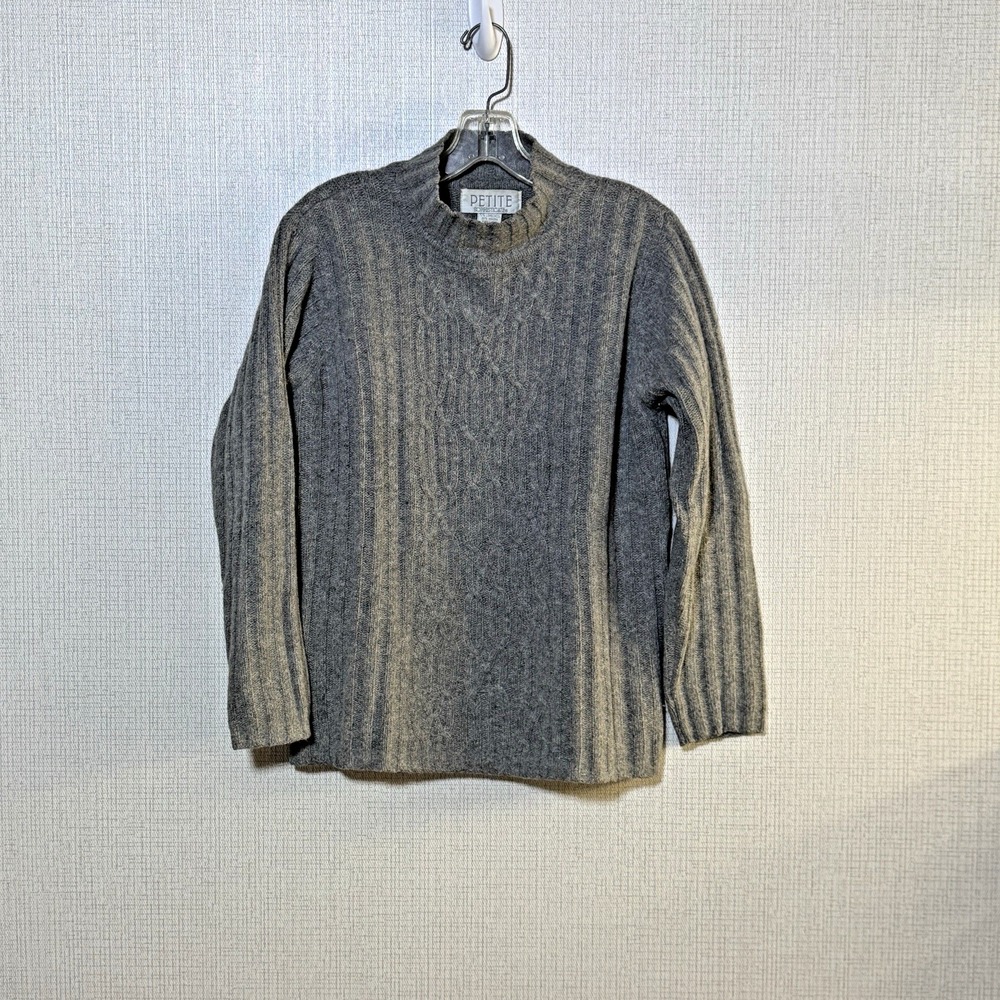 Petite Sophisticate Sweater Women PL Gray Lambswool Angora Mock Neck Ribbed Knit